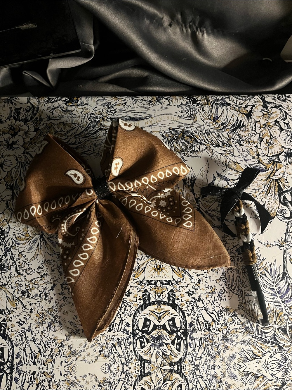 Handmade Brown Bandana Bow Hair Clip Pom Pom Pen Set